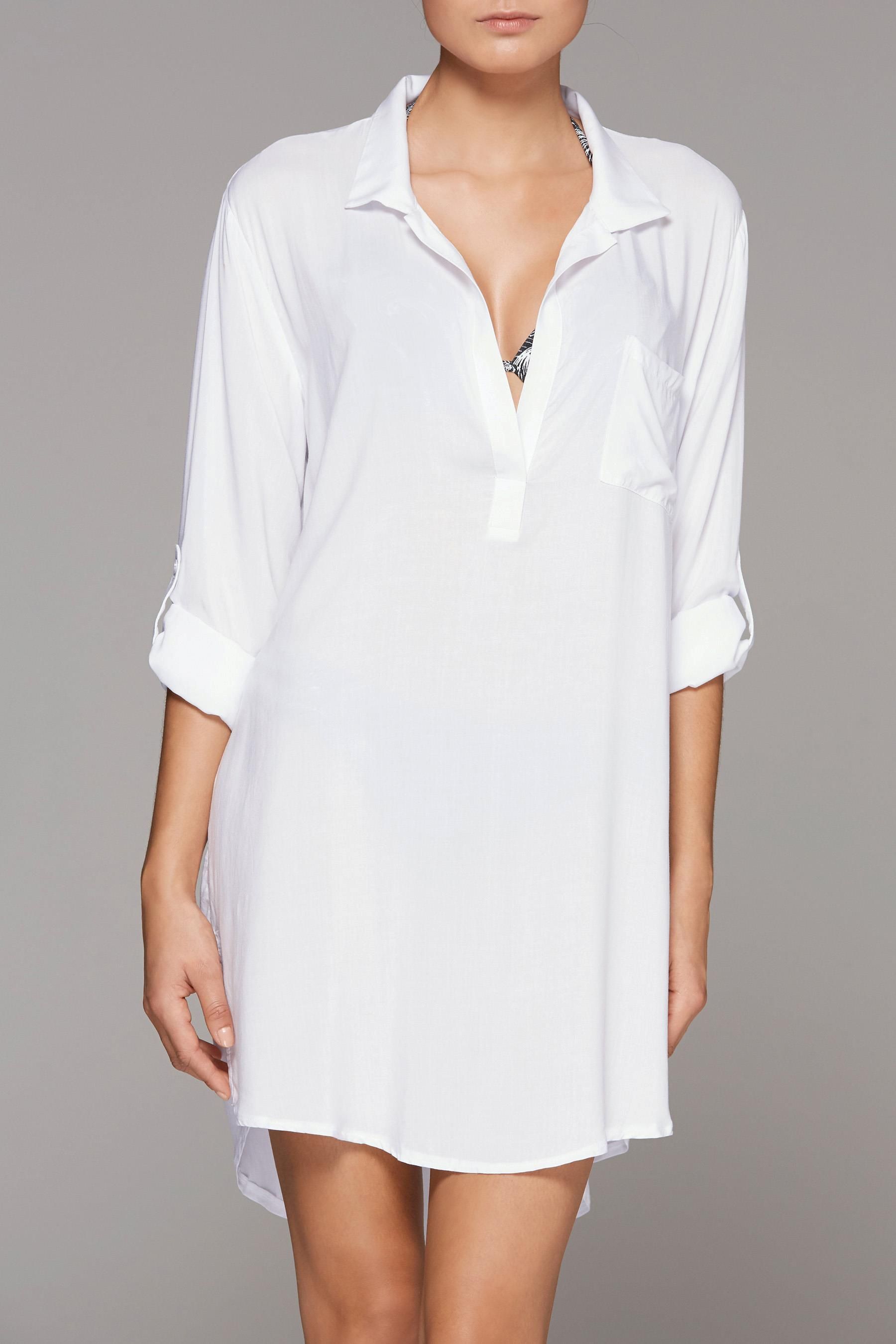 F4585 Sexy Translucent Deep V Neck White Swimsuit Cover Up Dress with Pocket